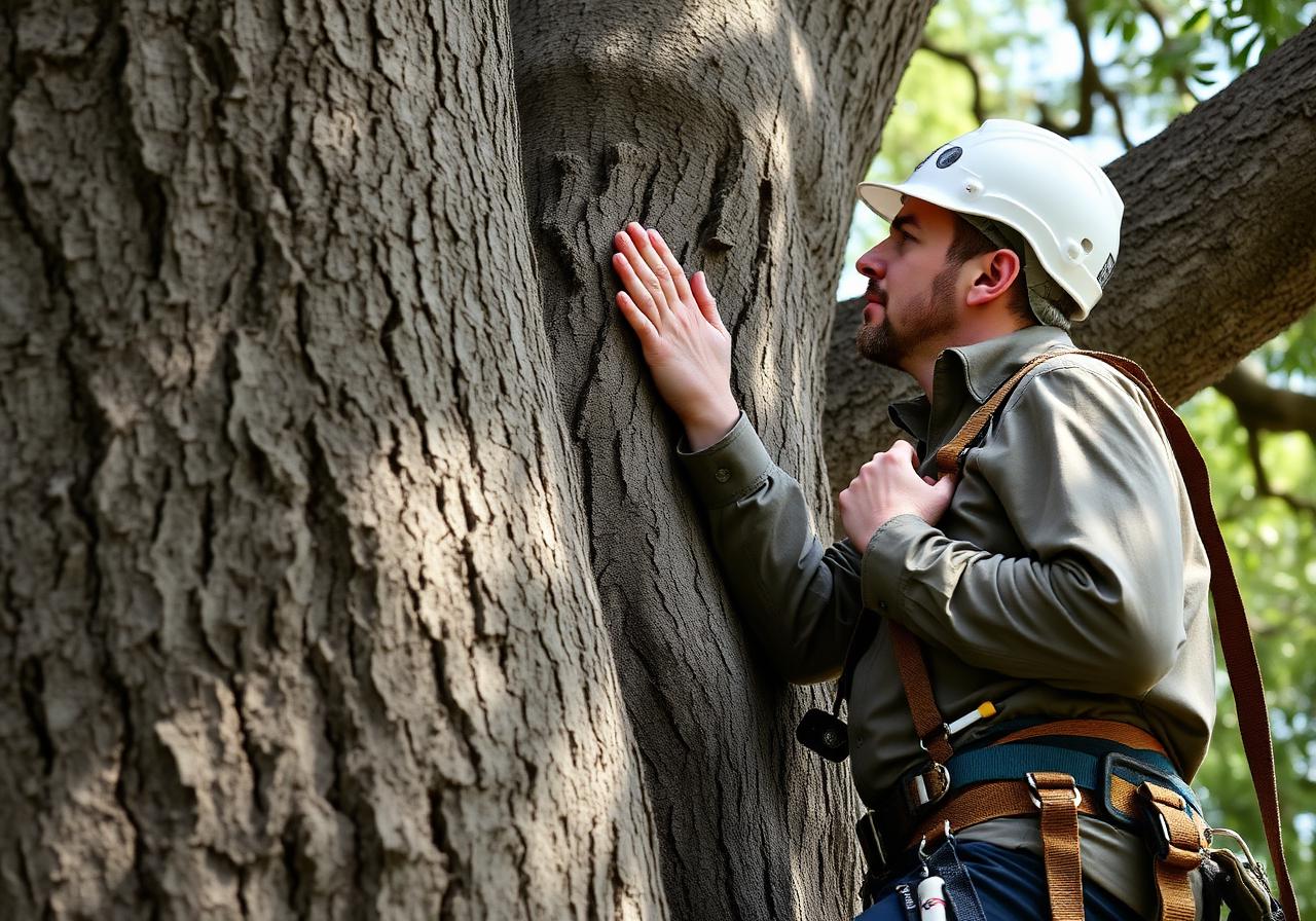 ISA certified arborist inspecting the trunk of a heritage live oak